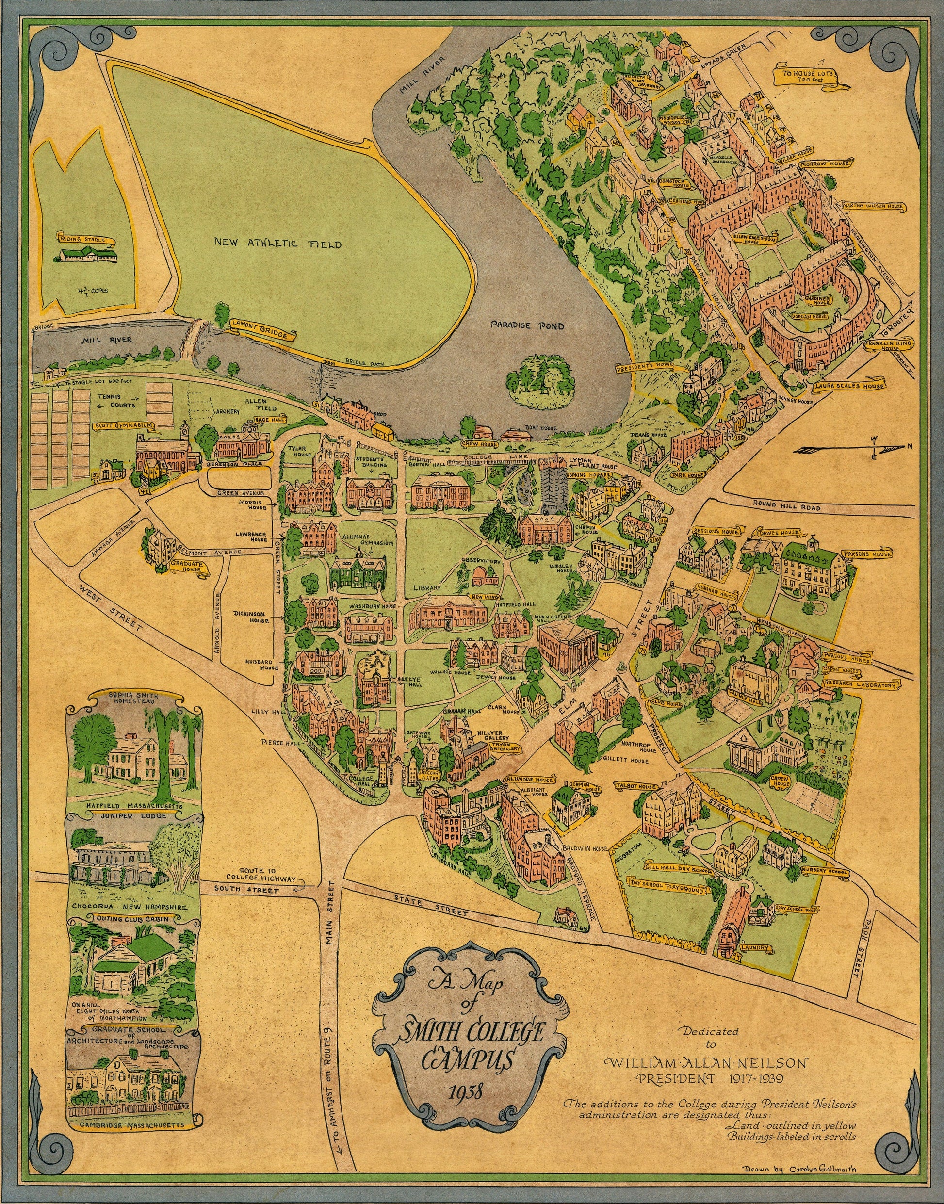Carolyn Galbraith's 1938 pictorial map of Smith College campus with detailed greenery and architecture.