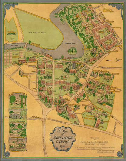 Carolyn Galbraith's 1938 pictorial map of Smith College campus with detailed greenery and architecture.