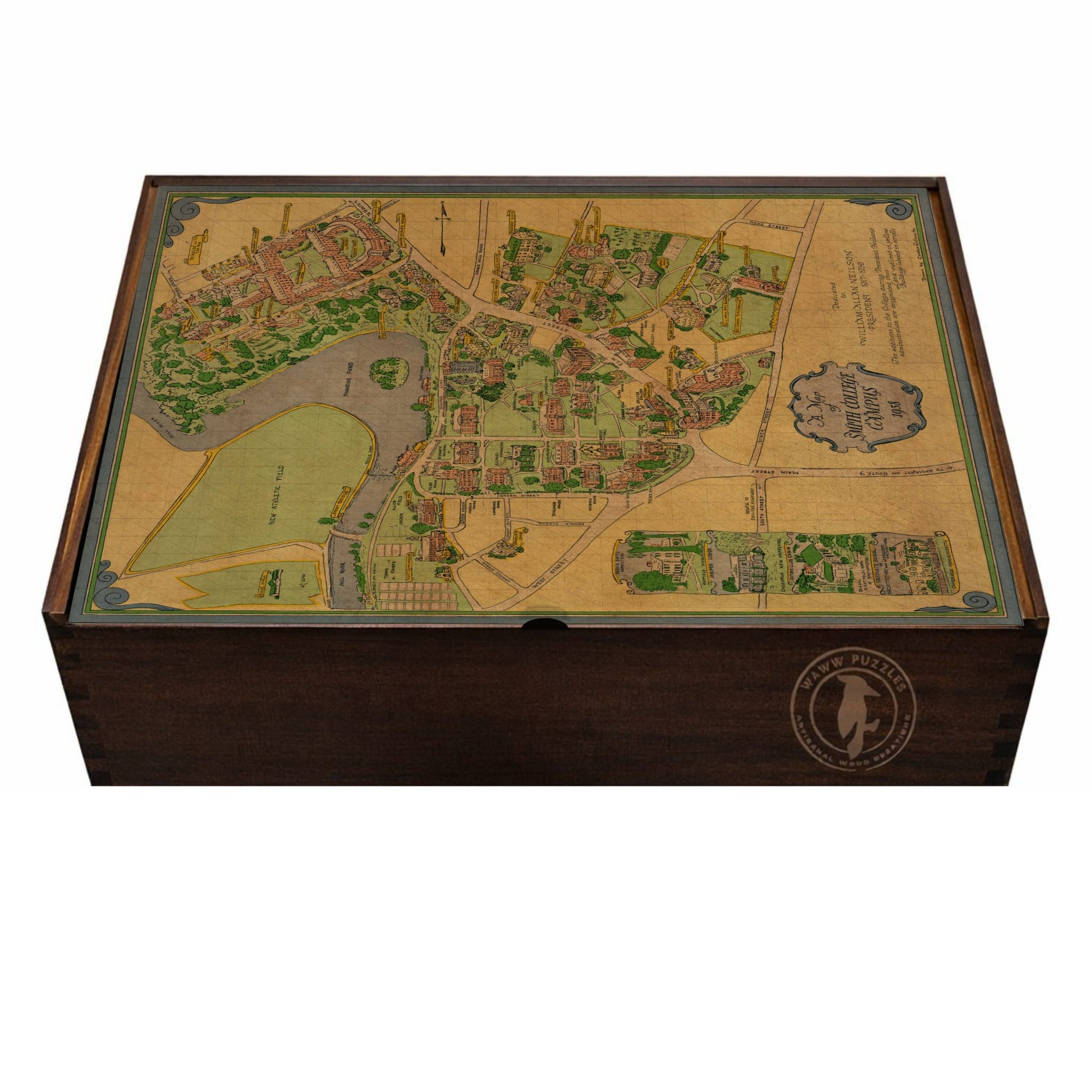 Artisan wooden puzzle box featuring Smith College Campus map by Carolyn Galbraith, 1938.