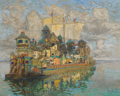 Konstantin Gorbatov's Invisible City of Kitezh showing a mythical city enveloped in swirling mists and vibrant hues