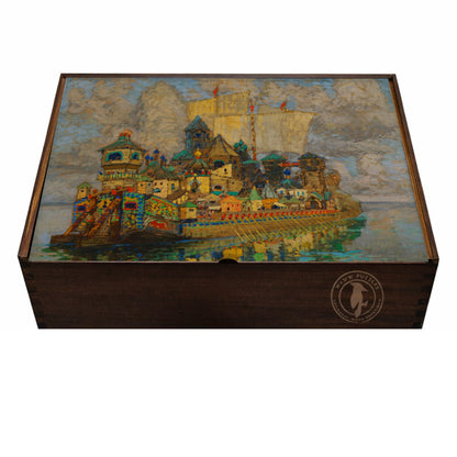 Elegant wooden puzzle box displaying Gorbatov's Invisible City of Kitezh artwork