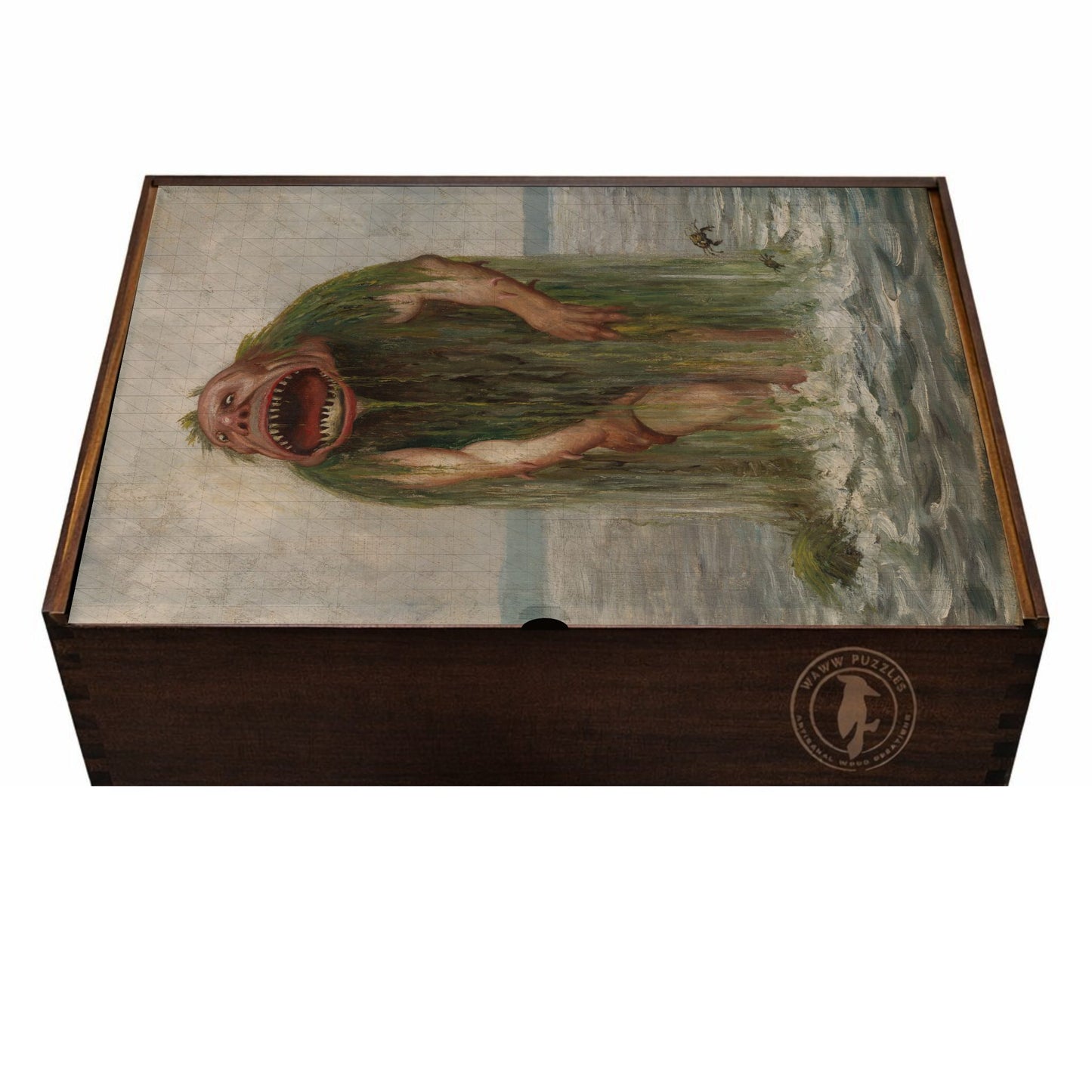 Artisanal wooden puzzle box featuring Kittelsen's The Sea Monster artwork.