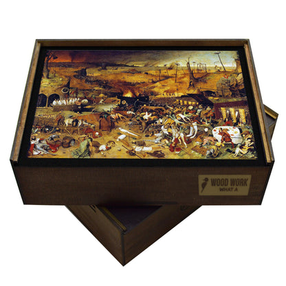 A high-quality wooden jigsaw puzzle of Pieter Bruegel the Elder’s "The Triumph of Death," featuring intricate medieval imagery of skeletal armies, burning landscapes, and a chaotic battle between life and death. Comes in a handmade wooden keepsake box.