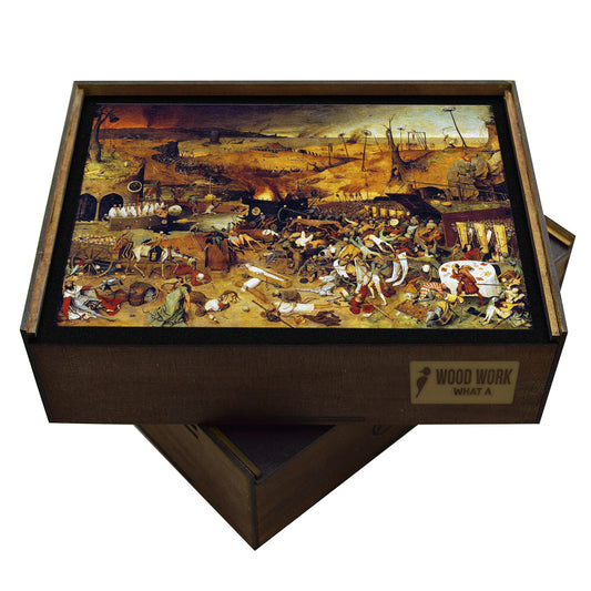 A high-quality wooden jigsaw puzzle of Pieter Bruegel the Elder’s "The Triumph of Death," featuring intricate medieval imagery of skeletal armies, burning landscapes, and a chaotic battle between life and death. Comes in a handmade wooden keepsake box.