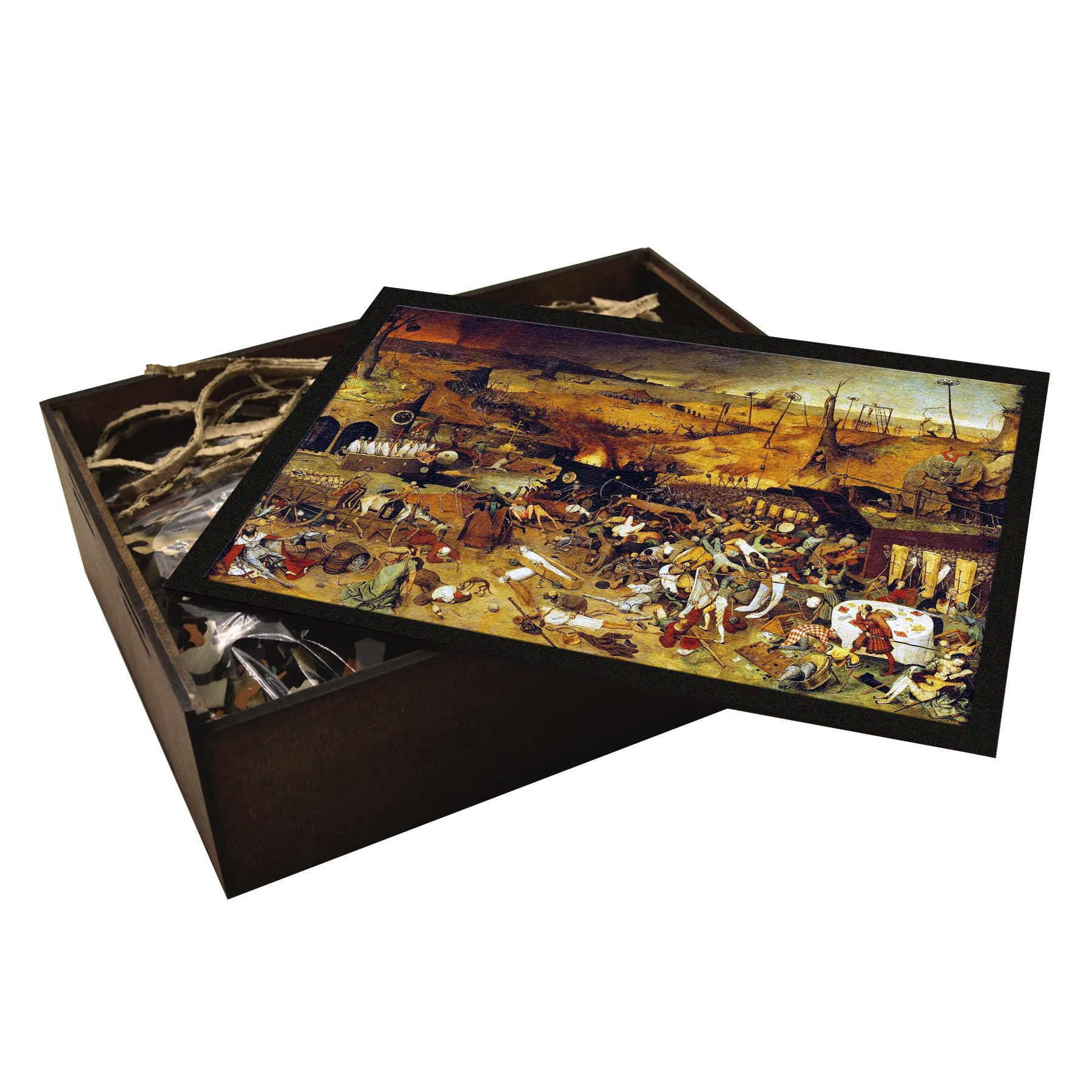 A high-quality wooden jigsaw puzzle of Pieter Bruegel the Elder’s "The Triumph of Death," featuring intricate medieval imagery of skeletal armies, burning landscapes, and a chaotic battle between life and death. Comes in a handmade wooden keepsake box.