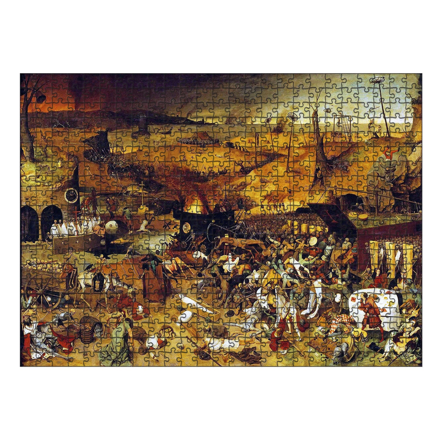 A high-quality wooden jigsaw puzzle of Pieter Bruegel the Elder’s "The Triumph of Death," featuring intricate medieval imagery of skeletal armies, burning landscapes, and a chaotic battle between life and death. Comes in a handmade wooden keepsake box.