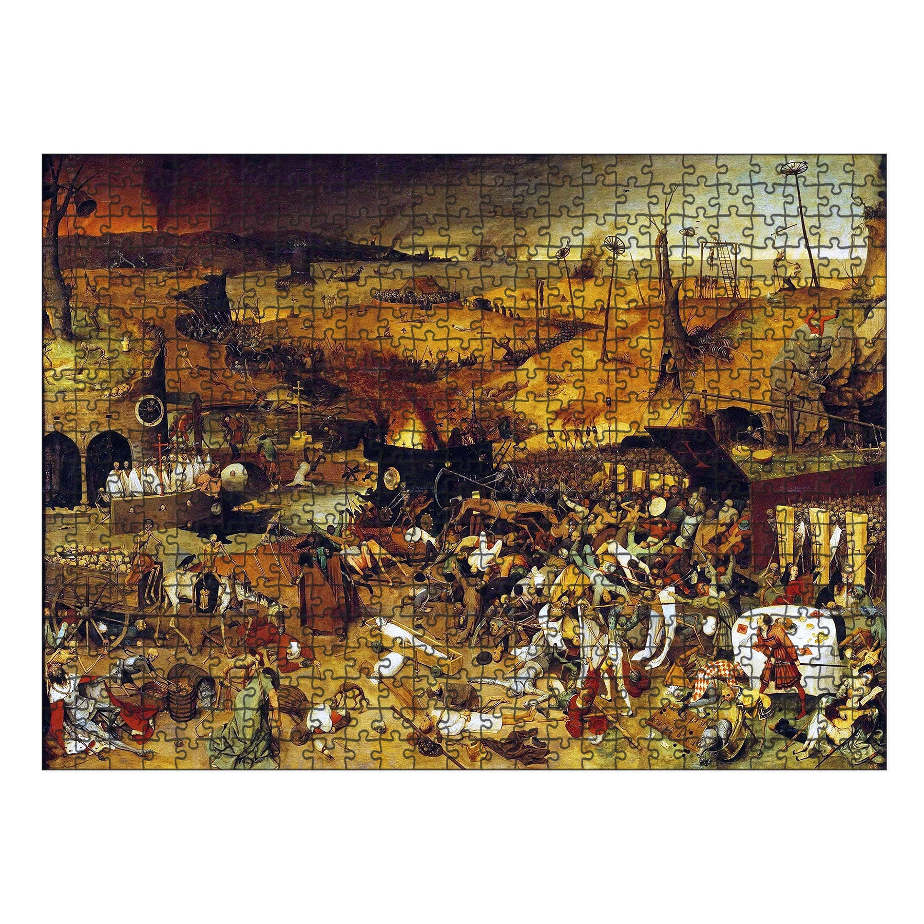 A high-quality wooden jigsaw puzzle of Pieter Bruegel the Elder’s "The Triumph of Death," featuring intricate medieval imagery of skeletal armies, burning landscapes, and a chaotic battle between life and death. Comes in a handmade wooden keepsake box.