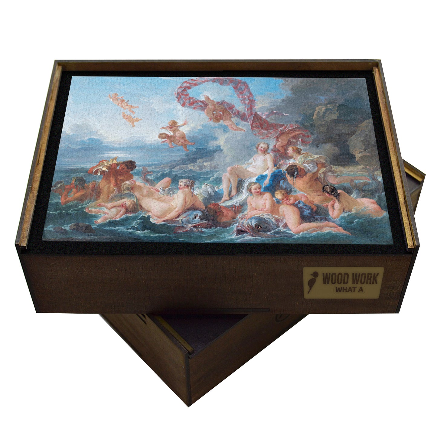 Wooden jigsaw puzzle featuring The Triumph of Venus by François Boucher, showcasing Rococo elegance with cherubs, sea nymphs, and the goddess Venus, crafted with eco-friendly materials for art collectors.