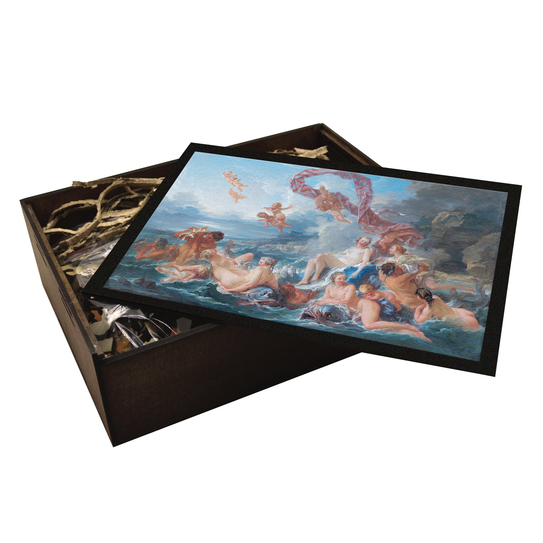 Wooden jigsaw puzzle featuring The Triumph of Venus by François Boucher, showcasing Rococo elegance with cherubs, sea nymphs, and the goddess Venus, crafted with eco-friendly materials for art collectors.
