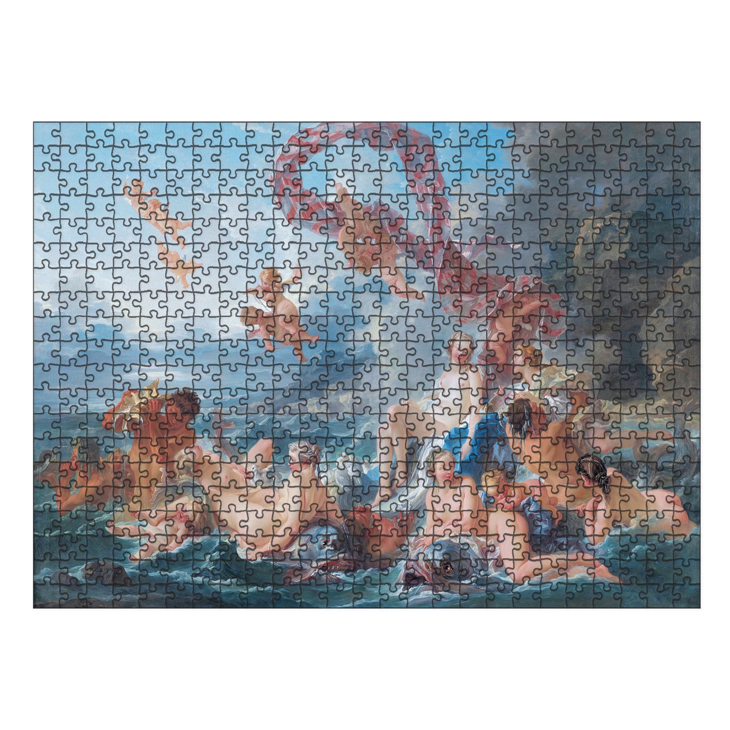 Wooden jigsaw puzzle featuring The Triumph of Venus by François Boucher, showcasing Rococo elegance with cherubs, sea nymphs, and the goddess Venus, crafted with eco-friendly materials for art collectors.