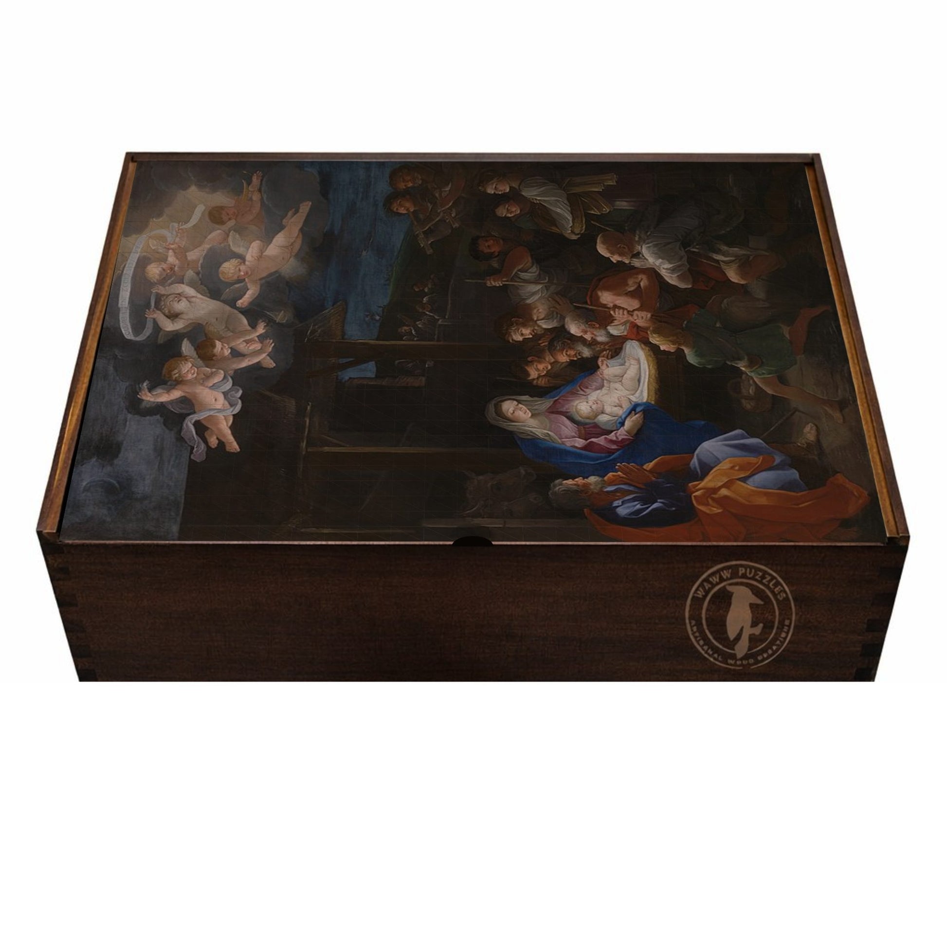 Heirloom-quality wooden puzzle box displaying Guido Reni's The Adoration of the Shepherds