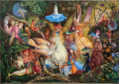 John Fitzgerald's The Fairies' Favourite depicting vibrant fairies in a lush, mystical setting with a dark undertone
