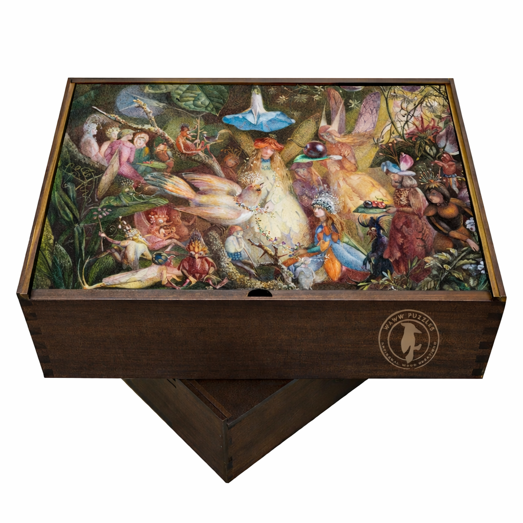 Artisanal handcrafted wooden puzzle box featuring The Fairies' Favourite by John Anster Fitzgerald