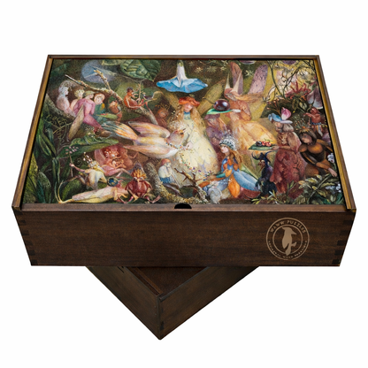 Artisanal handcrafted wooden puzzle box featuring The Fairies' Favourite by John Anster Fitzgerald