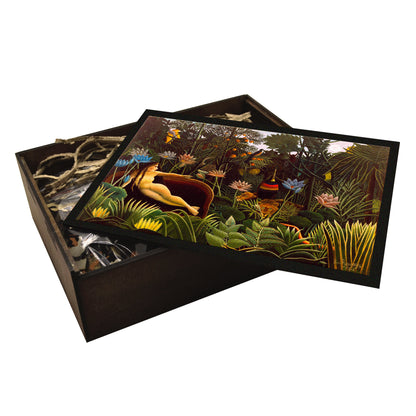 Henri Rousseau’s ‘The Dream’ wooden jigsaw puzzle, featuring a lush jungle scene with exotic animals, vibrant foliage, and a reclining nude figure.