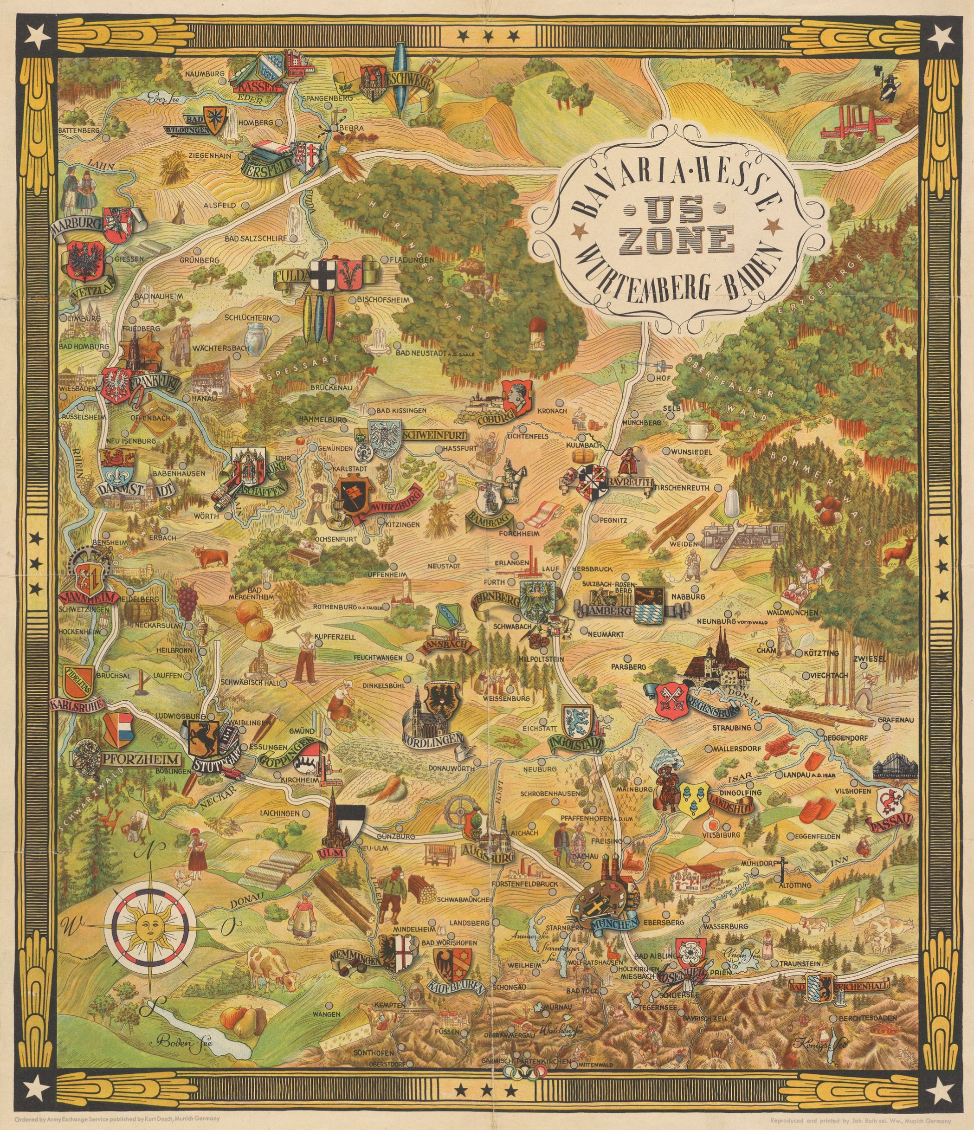 Map of the American Zone in Germany during World War II, featuring various symbols and illustrations.