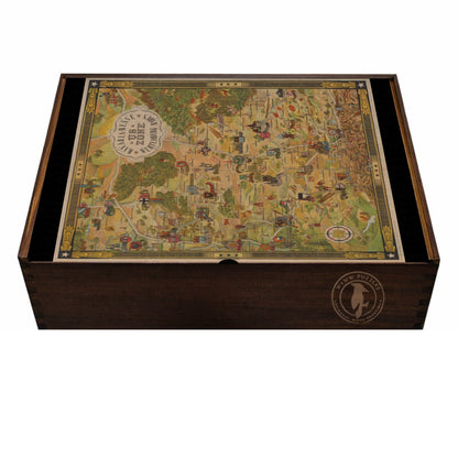 Wooden jigsaw puzzle box featuring detailed map design Post-war map of Germany's US occupation zones, colorful details