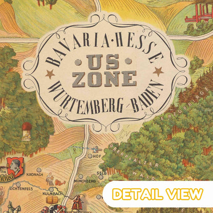Map with 'Bavaria-Hesse-US-Zone-Wuerttemberg-Baden' text and 'Detail View' label. Symbols of industry and agriculture in 1940s Germany