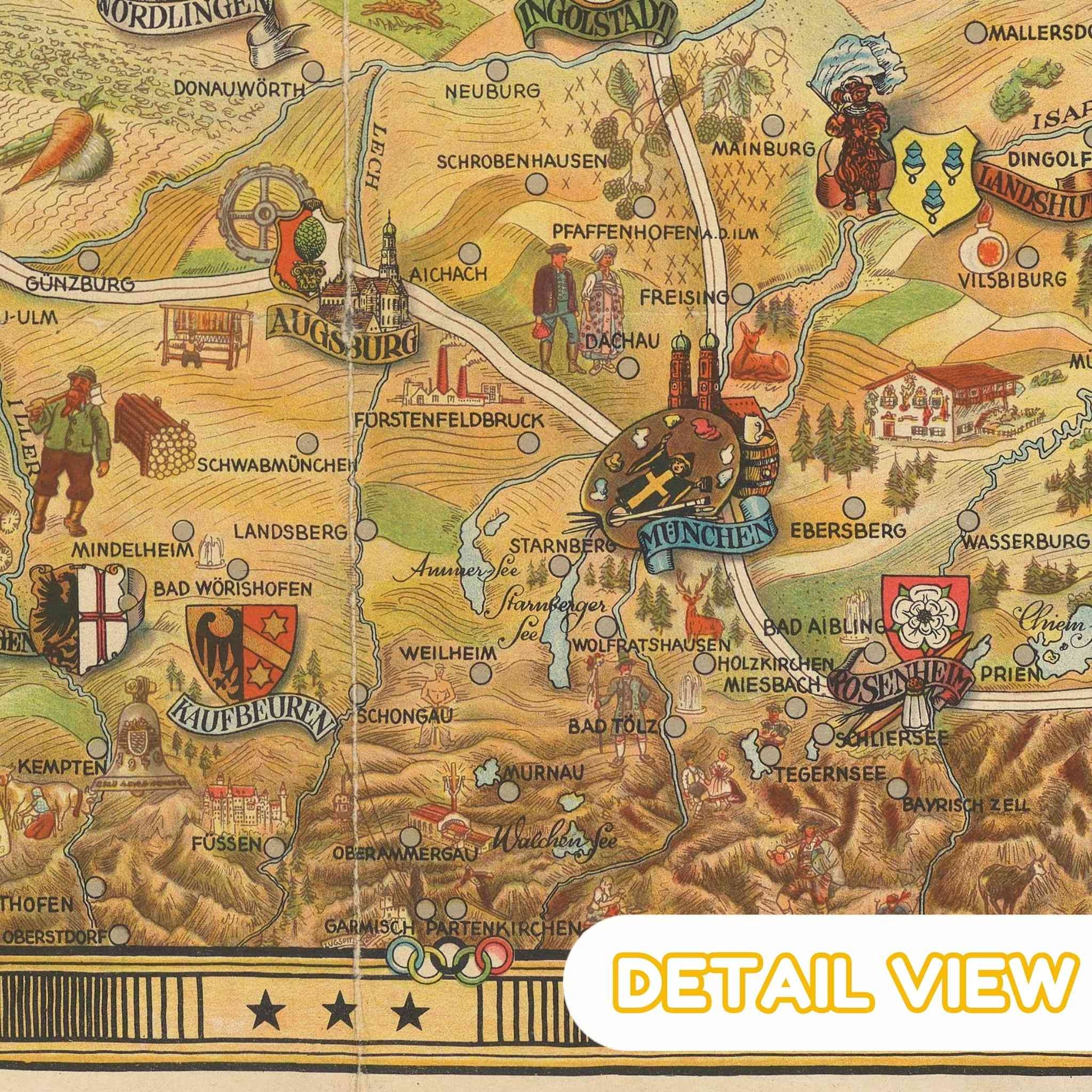 Detailed map of Bavaria with various cities and landmarks, featuring a 'Detail View' label.