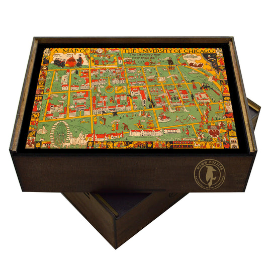 Handcrafted wooden box of a vintage University of Chicago pictorial map wooden jigsaw puzzle. 1933, campus landmarks, whimsical illustrations, architectural details.