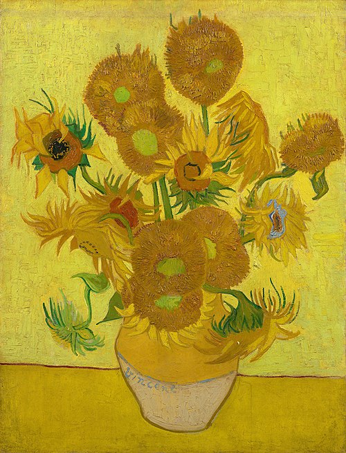Van Gogh's Sunflowers with vibrant yellow blooms against a yellow background in a vase arrangement