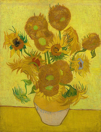 Van Gogh's Sunflowers with vibrant yellow blooms against a yellow background in a vase arrangement