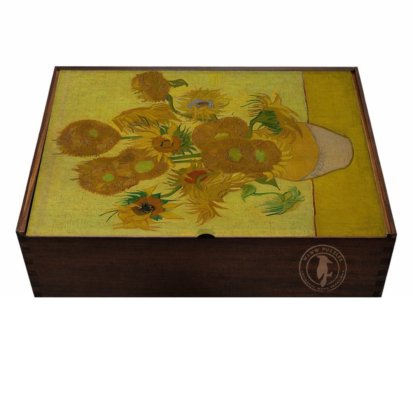 Wooden puzzle box featuring Van Gogh's Sunflowers with intricate floral art design