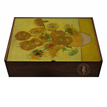 Wooden puzzle box featuring Van Gogh's Sunflowers with intricate floral art design