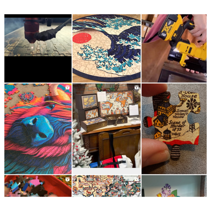 Collage of people using a jigsaw puzzle, with various puzzles and tools shown.