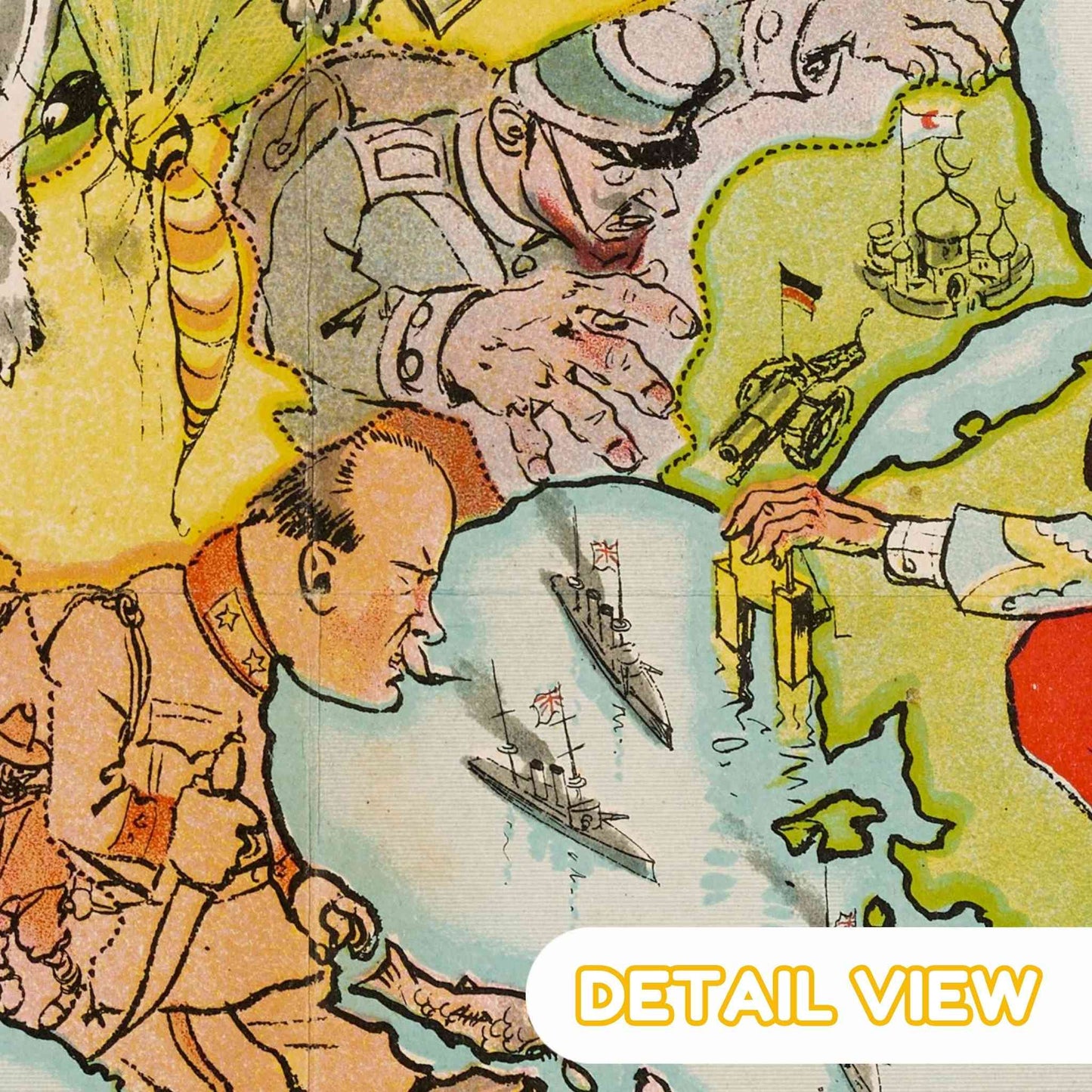 Cartoonish illustration of military figures planning on a map with ships and flags. World War I satirical illustration.