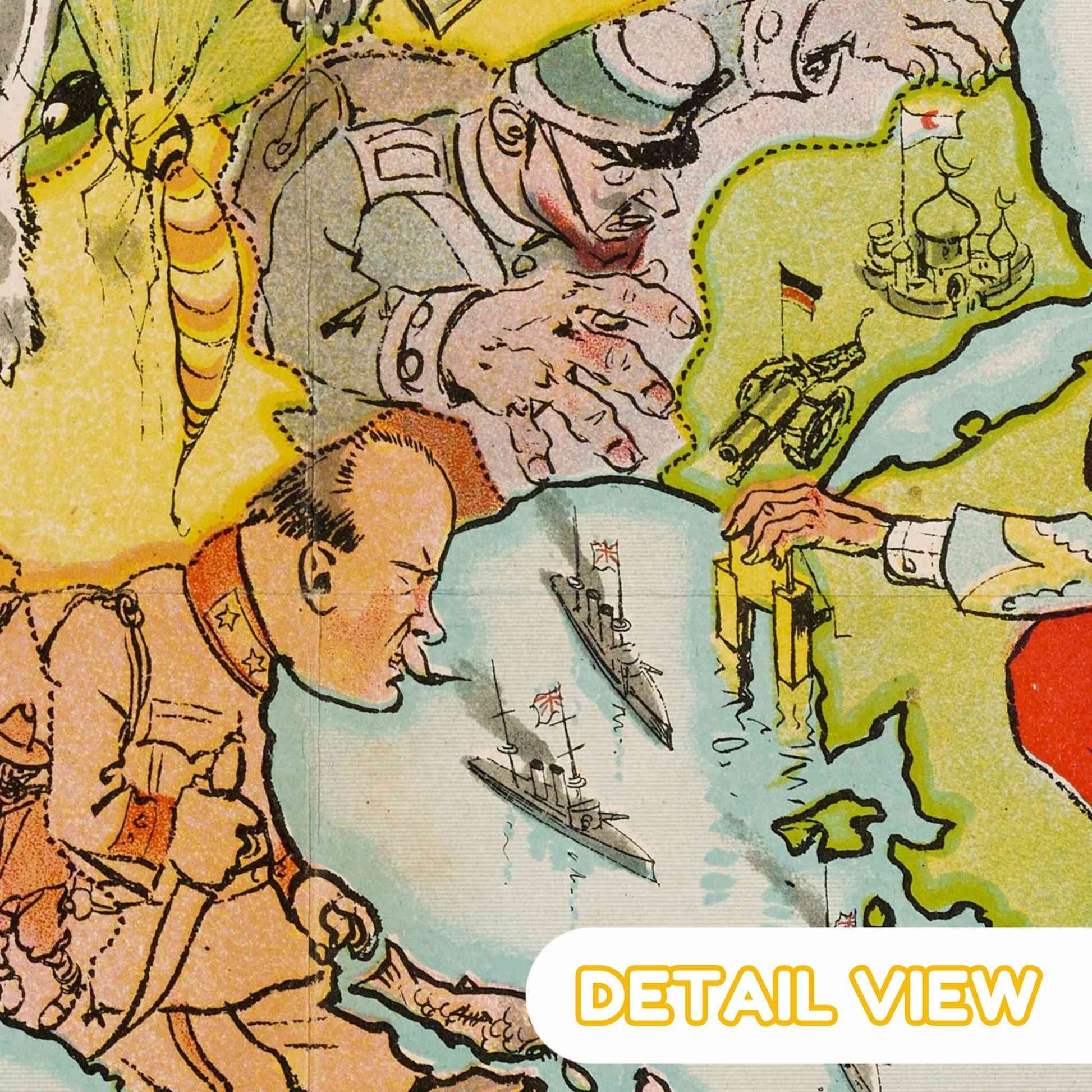 Cartoonish illustration of military figures planning on a map with ships and flags. World War I satirical illustration.