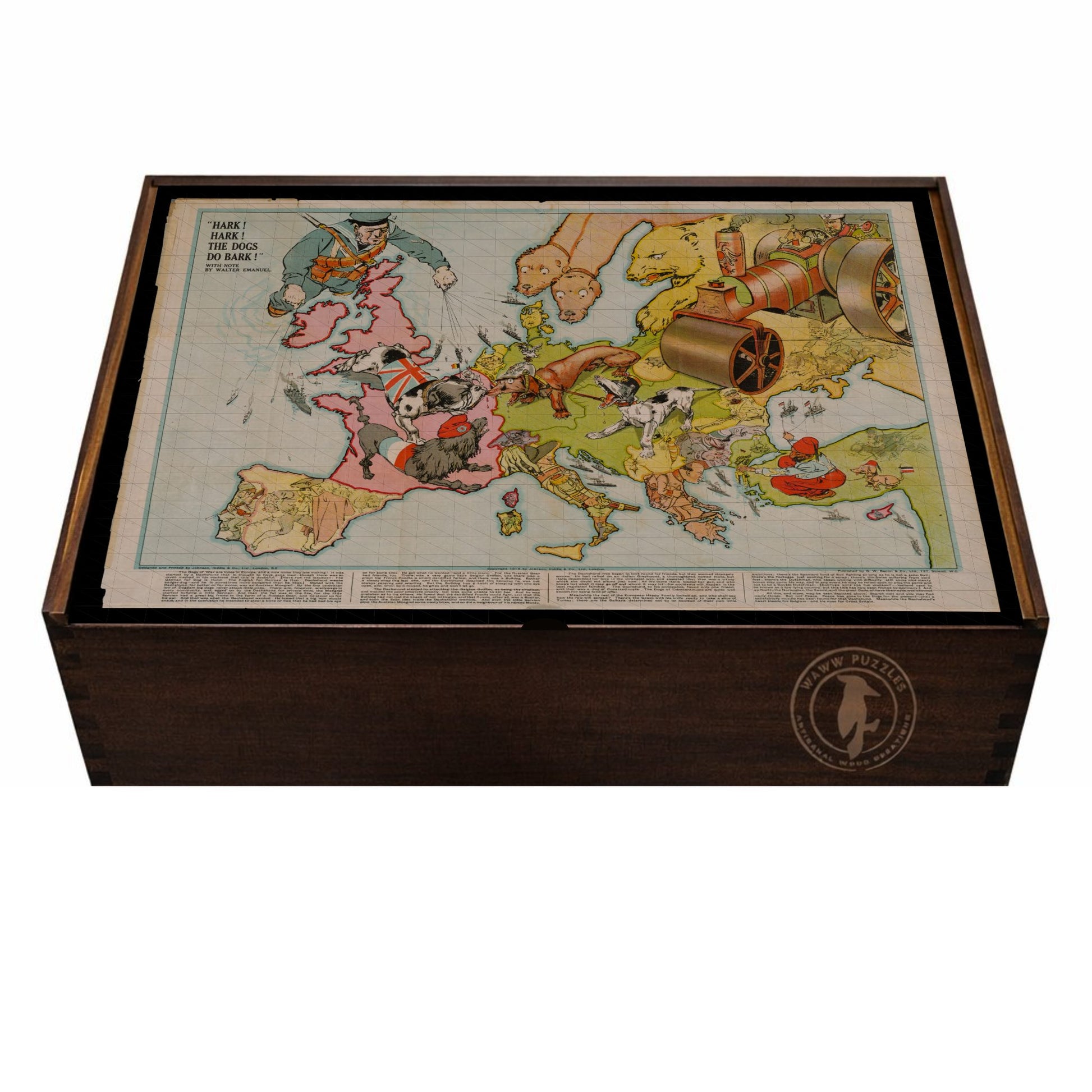 Wooden puzzle box adorned with Walter Emanuel's historical dog map art.