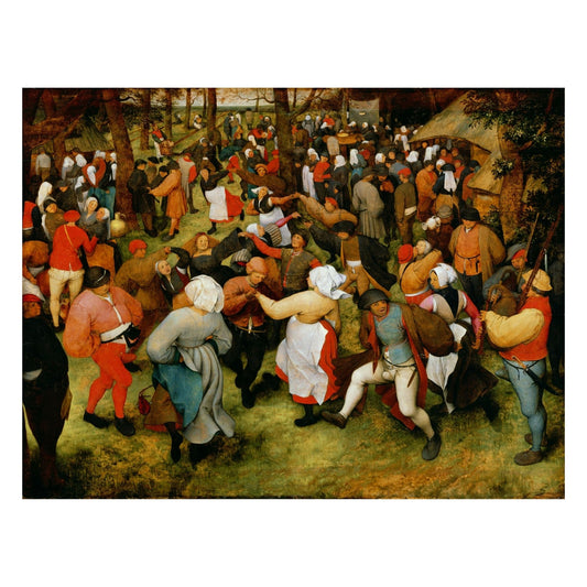 Bruegel’s ‘The Wedding Dance’ wooden jigsaw puzzle showing a lively 16th-century Flemish peasant celebration with vivid folk detail.