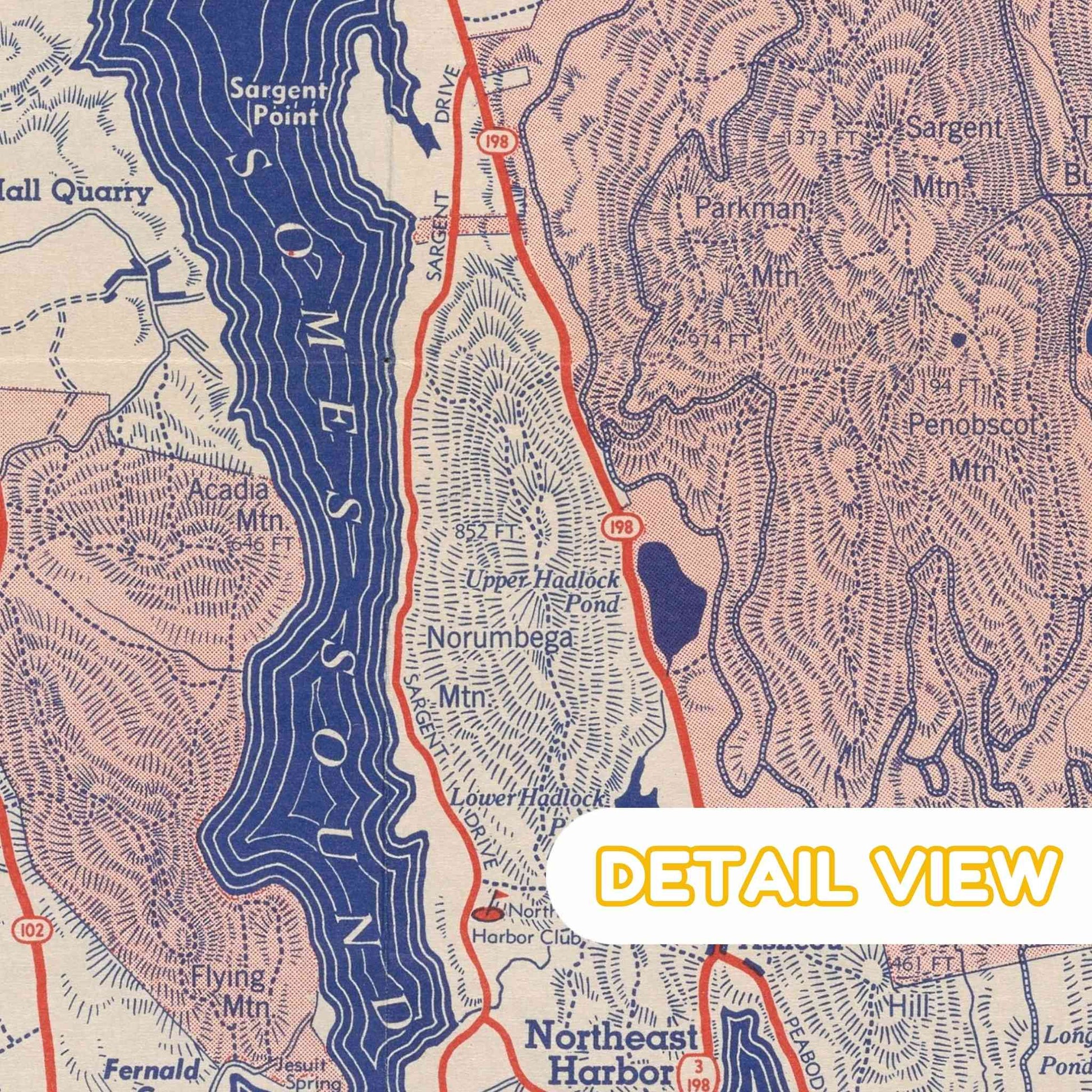 Detail of mount desert island from acadia national park maine color woodcut pictorial map. Detail of Somes Sound with topographic features labeled