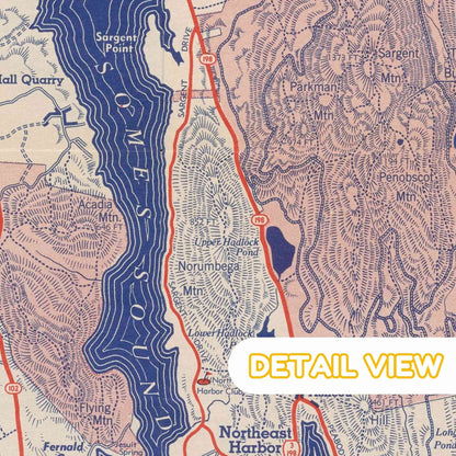 Detail of mount desert island from acadia national park maine color woodcut pictorial map. Detail of Somes Sound with topographic features labeled