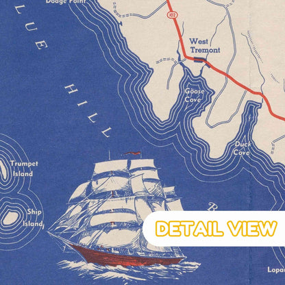 Detail of mount desert island from 1938 acadia maine wooden jigsaw puzzle pictorial map. Goose Cove, West Tremont coast lines in Maine are depicted.