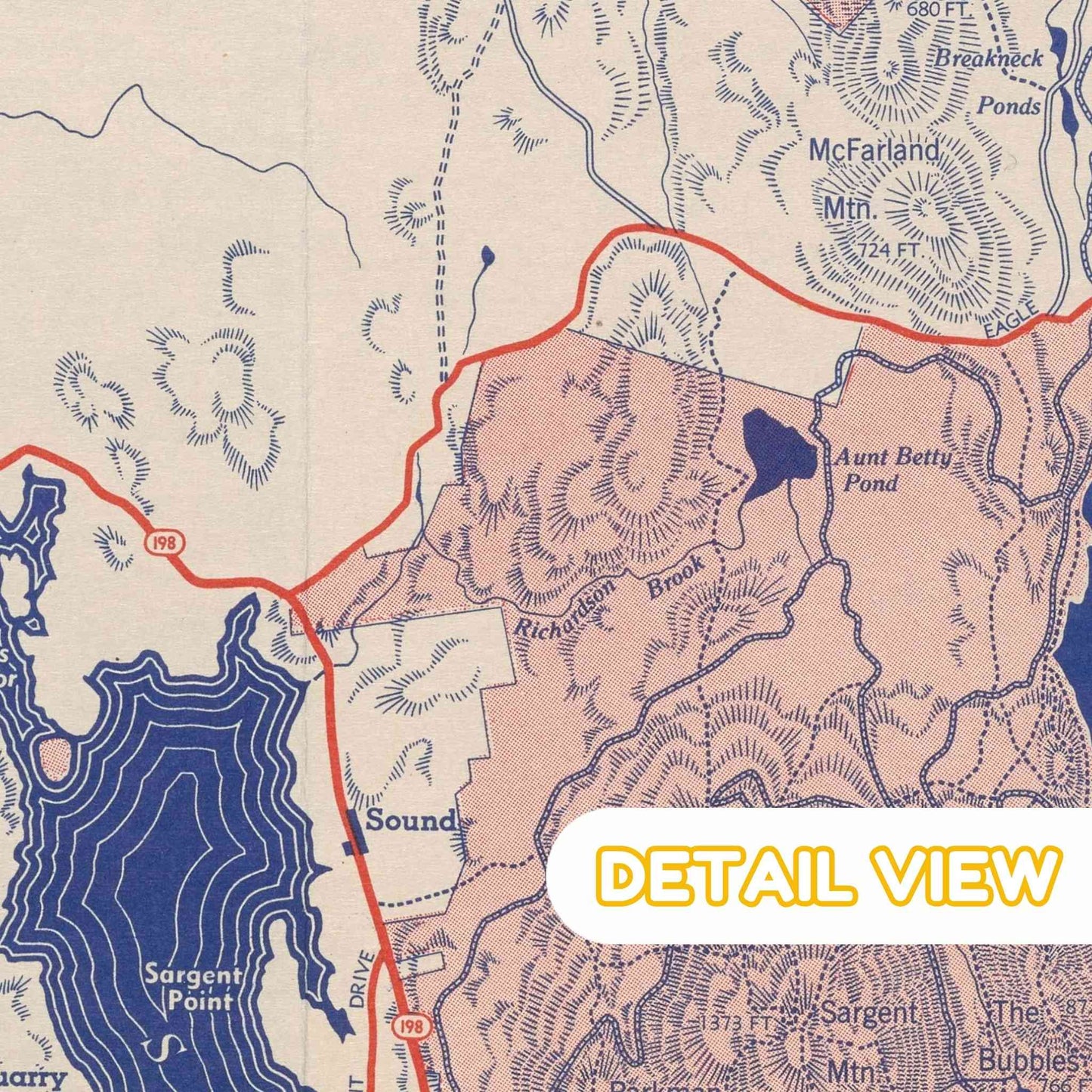 Detailed depiction of rocky coastlines and verdant forests on the 1938 map of Mount Desert Island in Acadia, Maine.