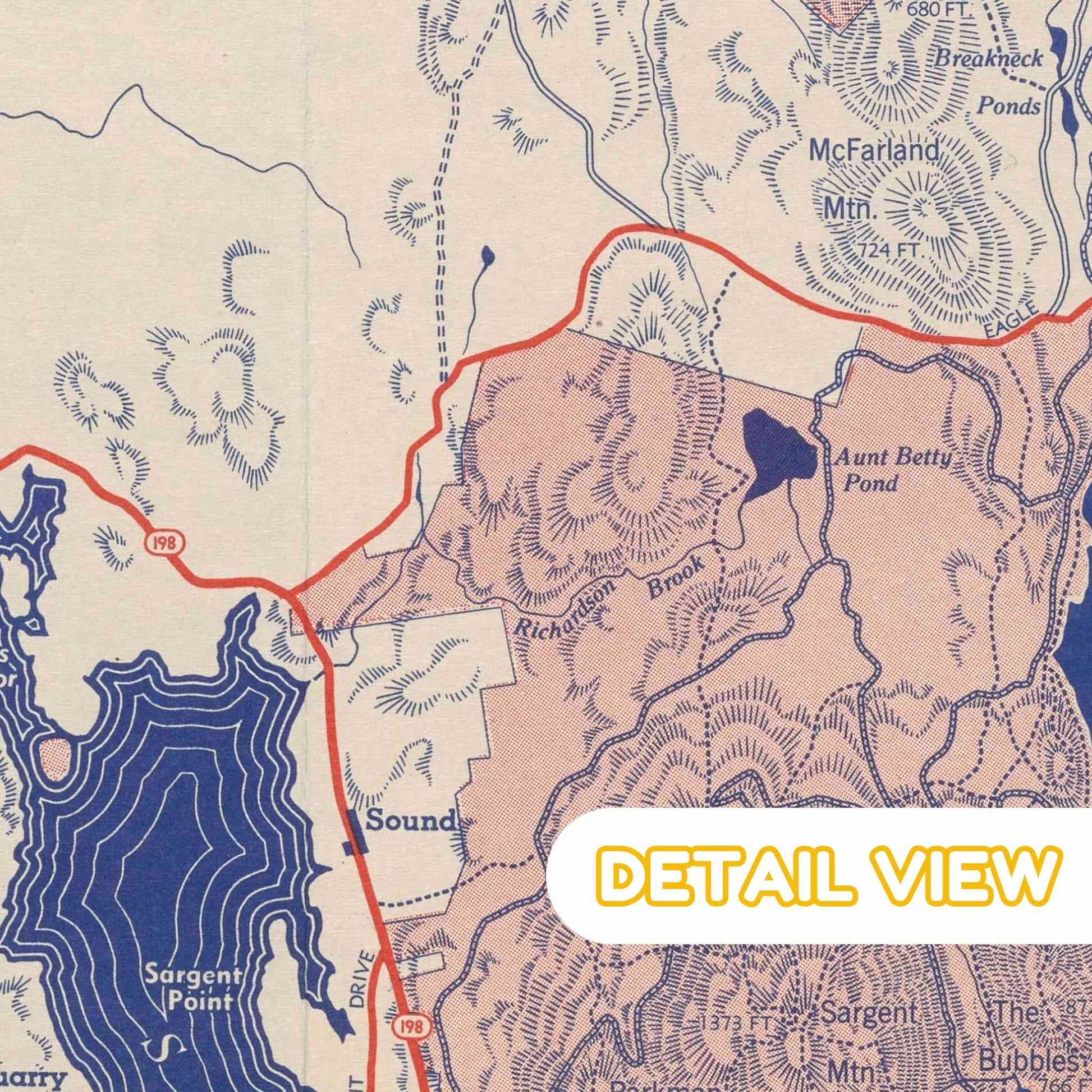 Detailed depiction of rocky coastlines and verdant forests on the 1938 map of Mount Desert Island in Acadia, Maine.