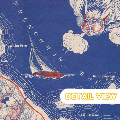 Bar Harbor coast in Acadia. Map of Frenchman Bay with a sailboat and rooster illustration on a blue background.