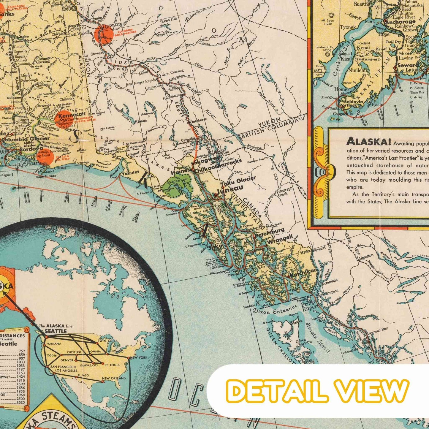 Close-up of Pacific Northwest coastlines with steamship routes and bold geographic coloring.