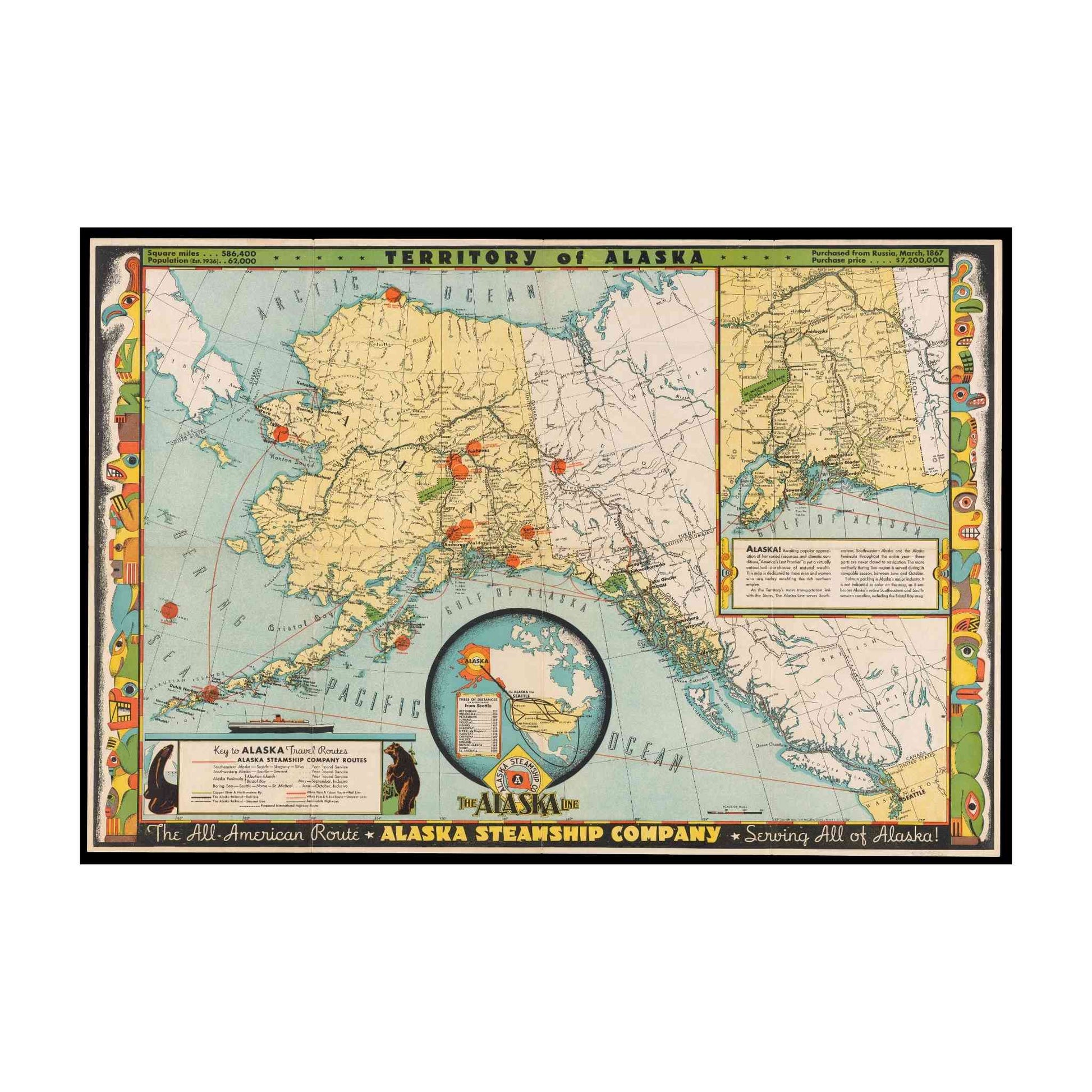 The Alaska Line by Frank McCaffrey showing maritime routes on a 1930s map with vibrant colors.