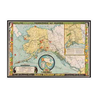 The Alaska Line by Frank McCaffrey showing maritime routes on a 1930s map with vibrant colors.