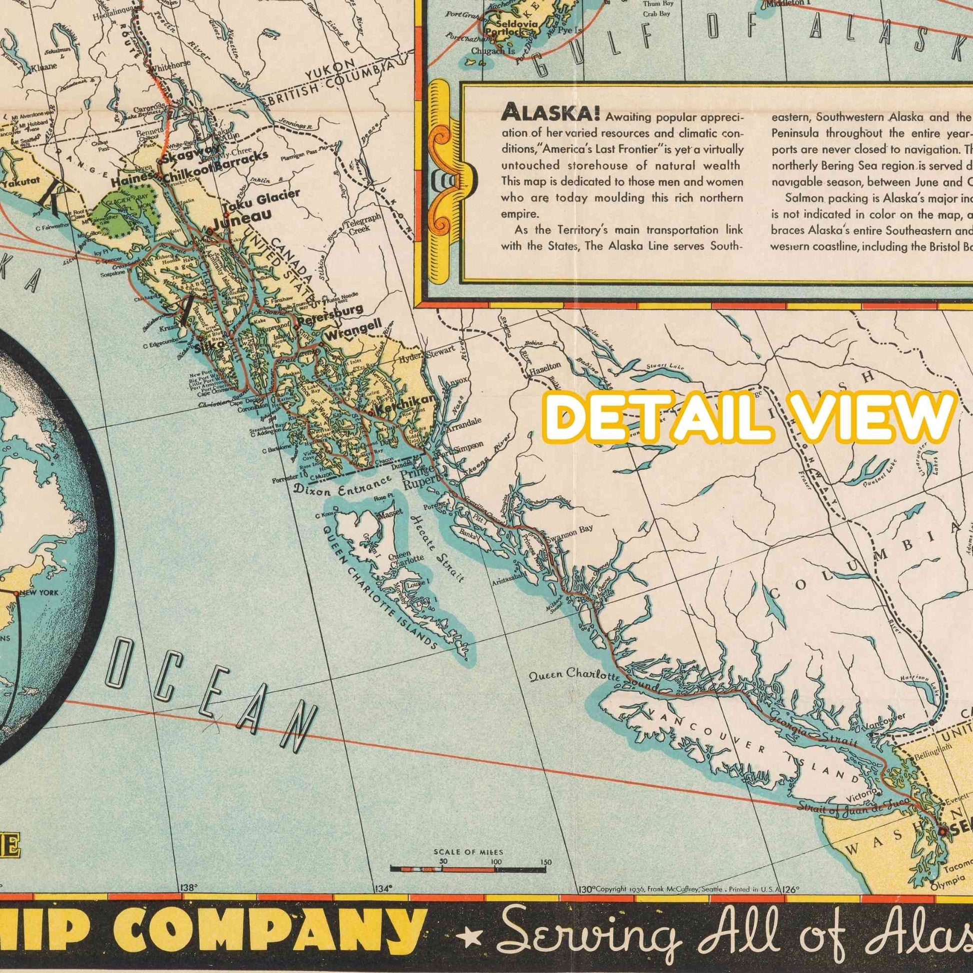 Vintage map of Alaska with a focus on detail, featuring text and a compass.