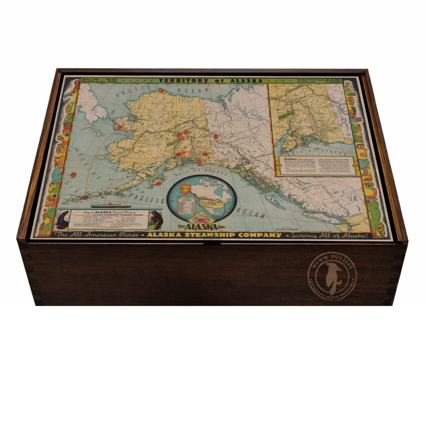 Artisanal wooden puzzle box featuring The Alaska Line by Frank McCaffrey.