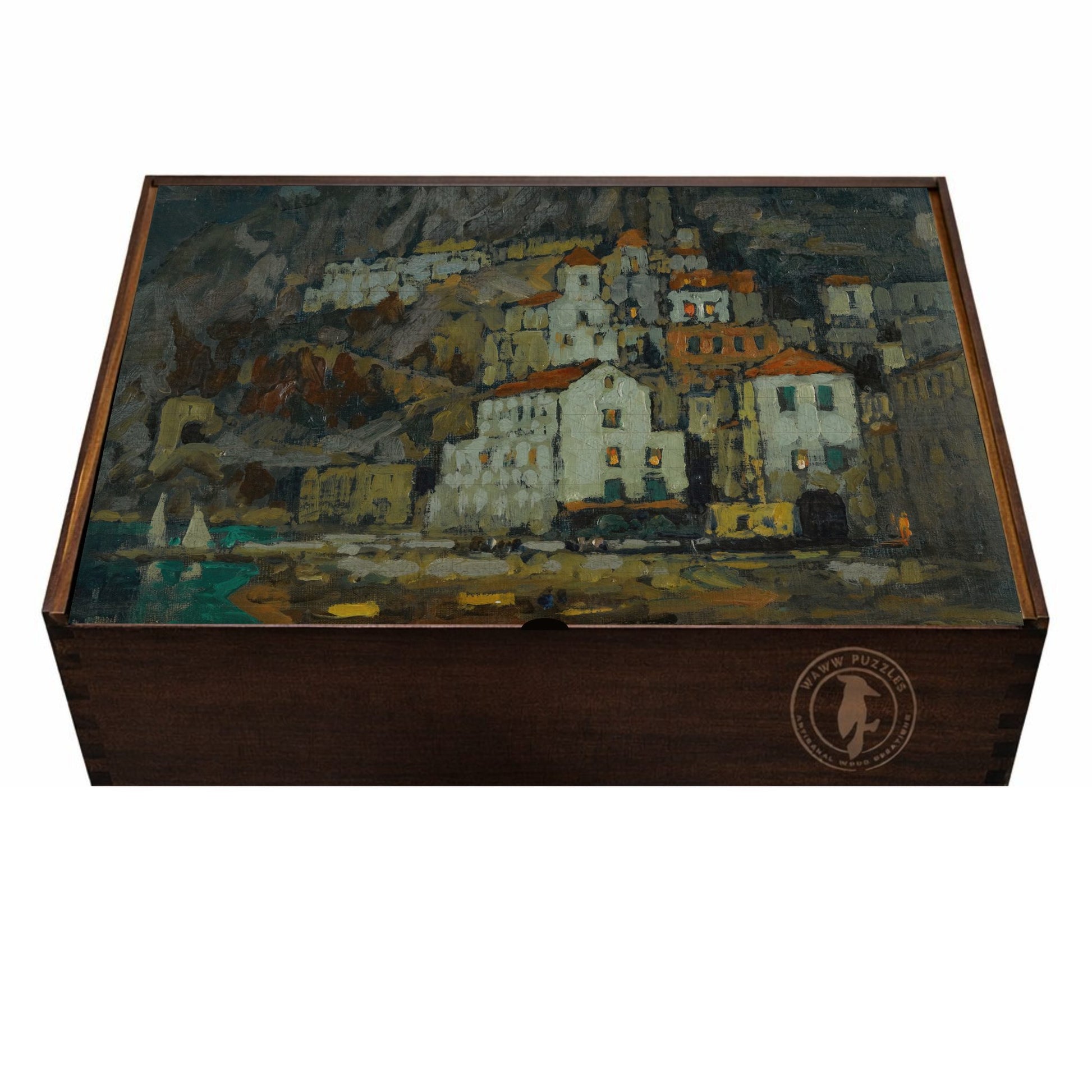 artisan wooden puzzle box featuring Gorbatov's View of Amalfi artwork