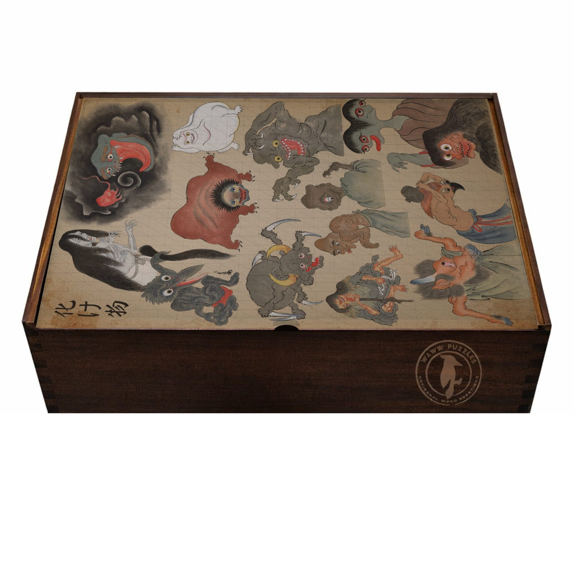 Wooden puzzle box with japanese monsters of the edo-era as cover