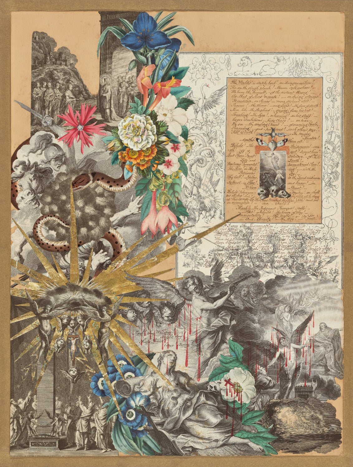 Victorian blood collage by John Bingley Garland circa 1850, featuring a crowned Christ figure holding a blue heraldic shield, Madonna and child in clouds, Gothic cathedral spire, bleeding red ink crosses, and layered botanical flowers over Baroque engravings on aged paper