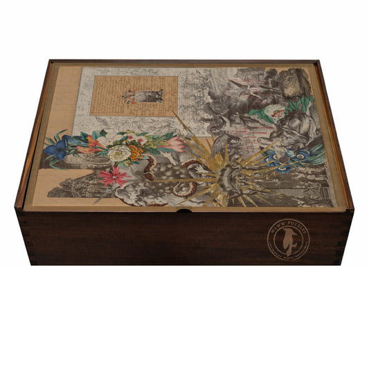 Elegant wooden puzzle box displaying Garland's Blood Collage for art enthusiasts.