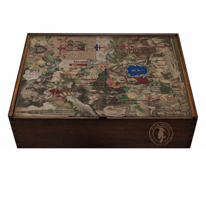 Elegant wooden puzzle box displaying Garland's Blood Collage for art enthusiasts.