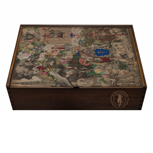 Elegant wooden puzzle box displaying Garland's Blood Collage for art enthusiasts.